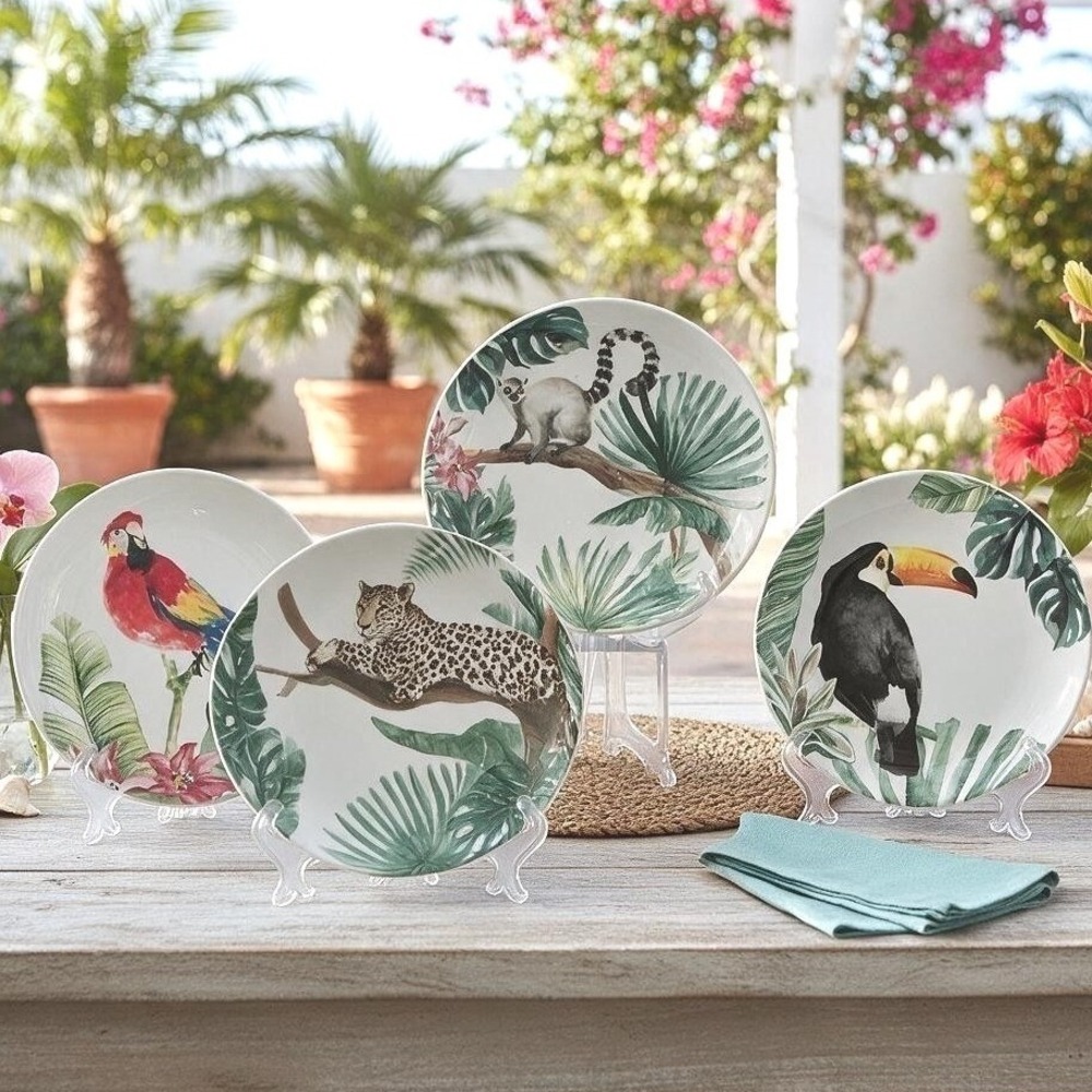 Pier 1 Jungle Animal Dessert Salad Plates Set of 4 Leopard Toucan Parrot 8"